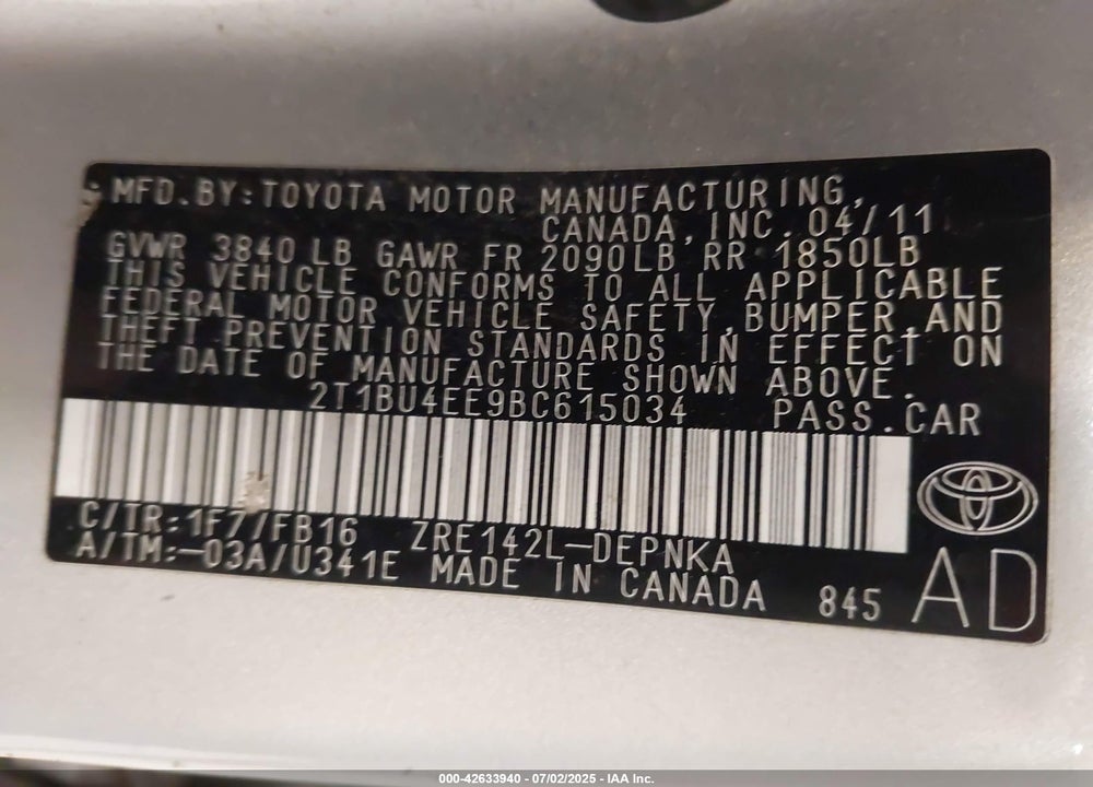 2011 TOYOTA COROLLA VIN: 2T1BU4EE9BC615034