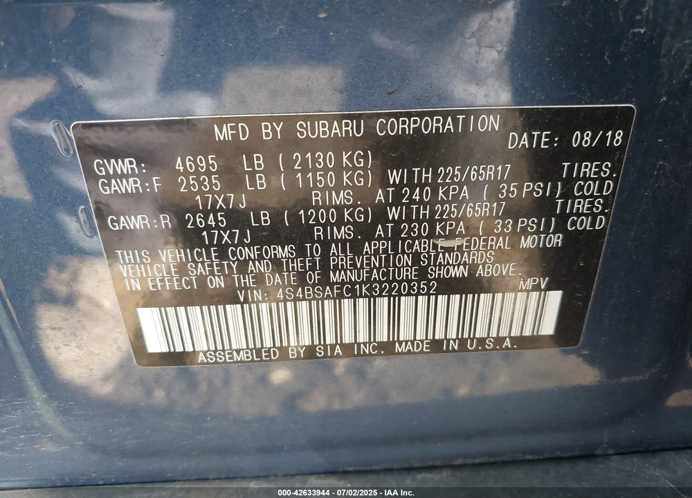 2019 SUBARU OUTBACK VIN: 4S4BSAFC1K3220352