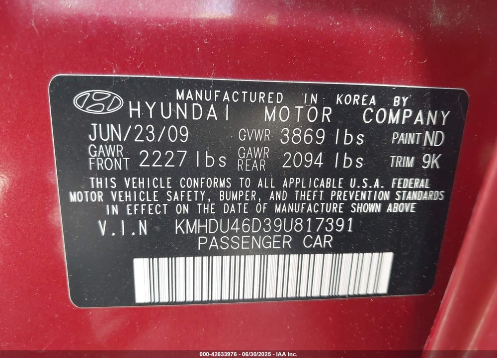 2009 HYUNDAI ELANTRA VIN: KMHDU46D39U817391