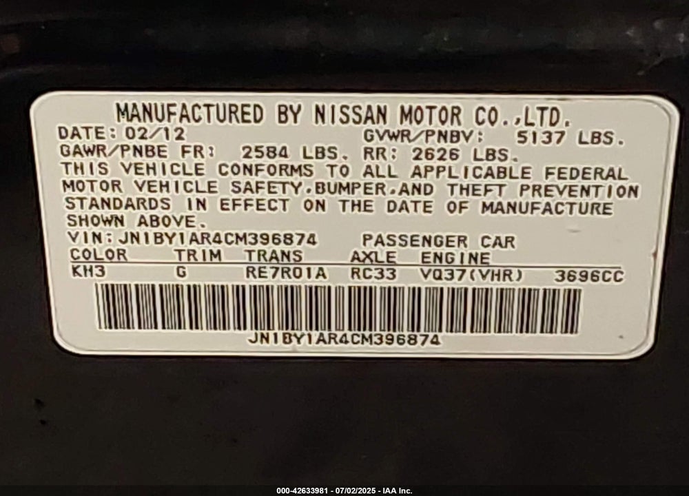 2012 INFINITI M37 VIN: JN1BY1AR4CM396874