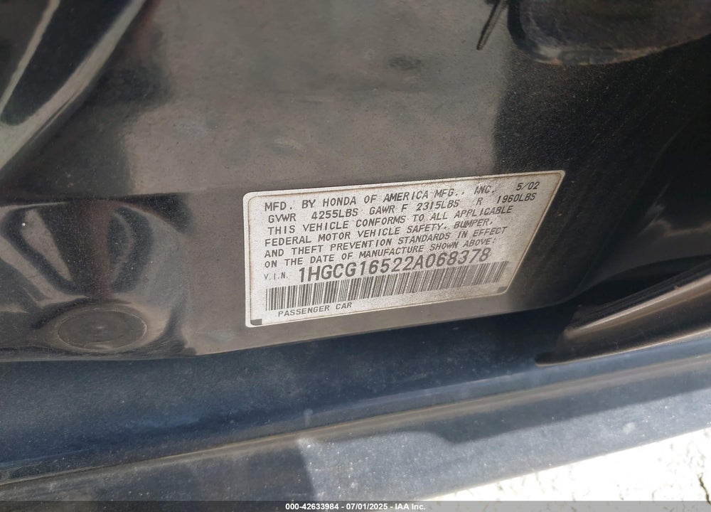 2002 HONDA ACCORD 3.0 EX VIN: 1HGCG16522A068378