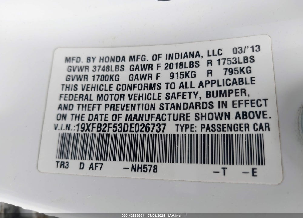 2013 HONDA CIVIC VIN: 19XFB2F53DE026737