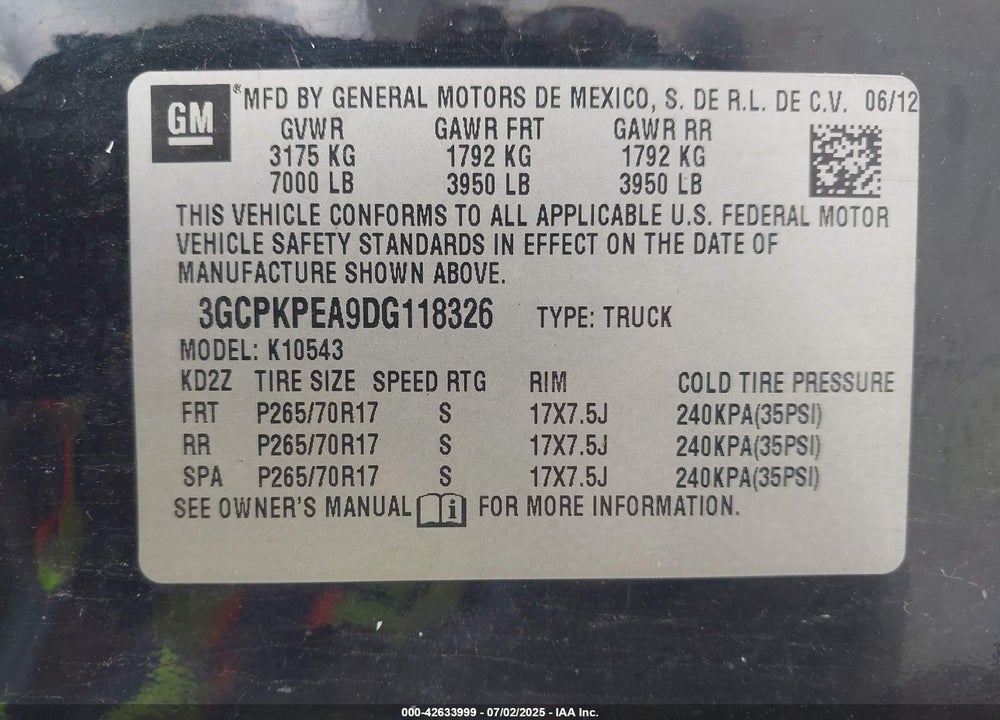2013 CHEVROLET SILVERADO 1500 VIN: 3GCPKPEA9DG118326