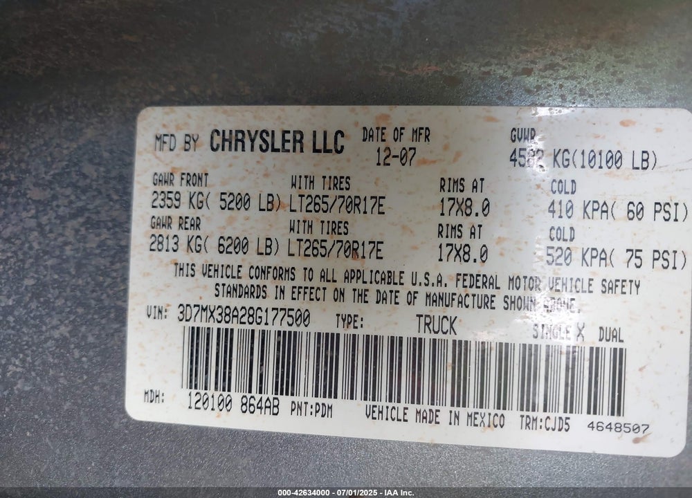 2008 DODGE RAM 3500 SLT VIN: 3D7MX38A28G177500