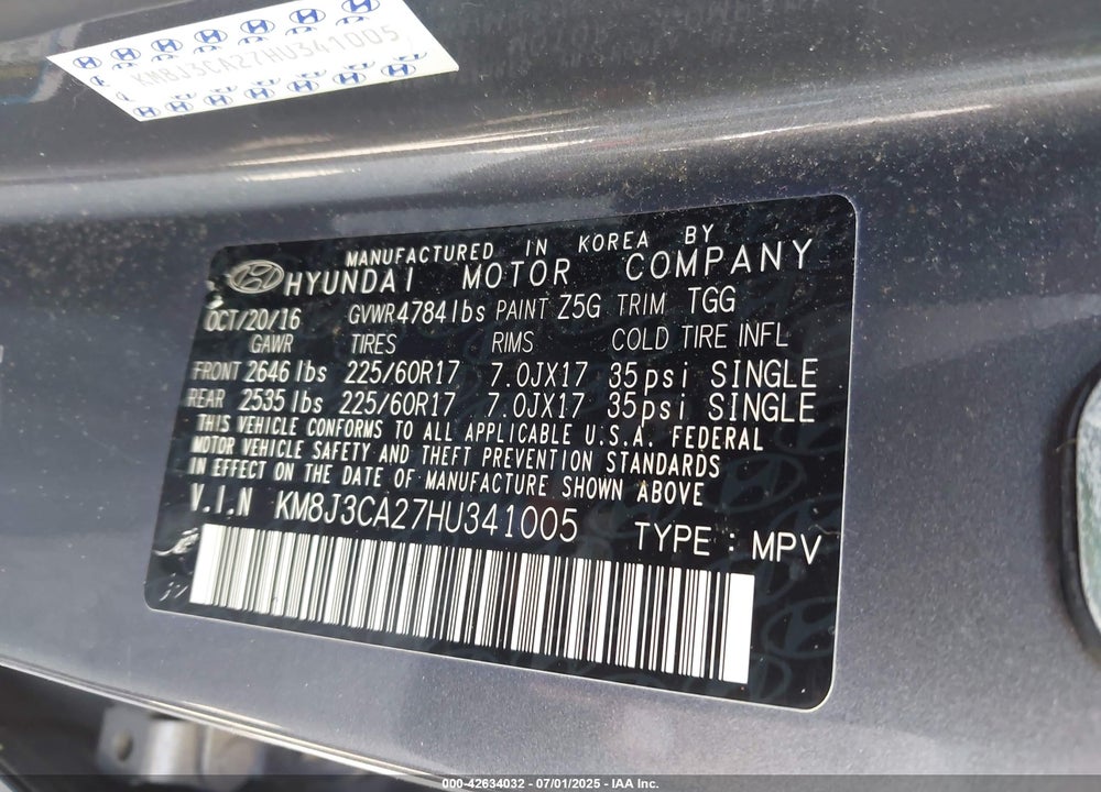 2017 HYUNDAI TUCSON VIN: KM8J3CA27HU341005