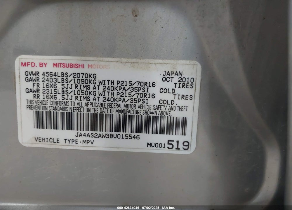2011 MITSUBISHI OUTLANDER ES VIN: JA4AS2AW3BU015546