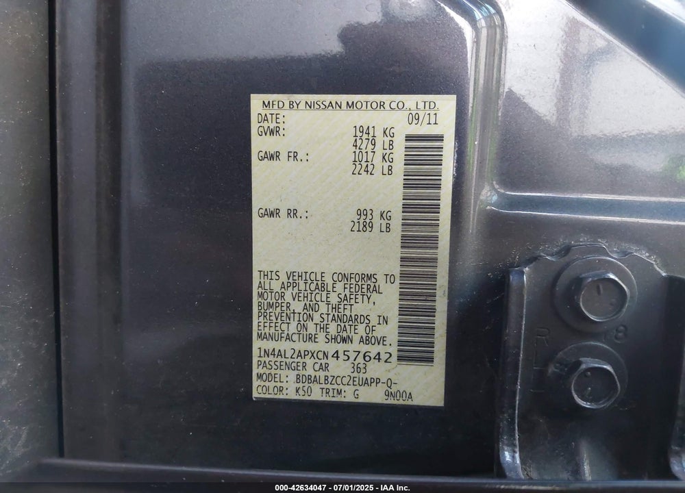 2012 NISSAN ALTIMA VIN: 1N4AL2APXCN457642