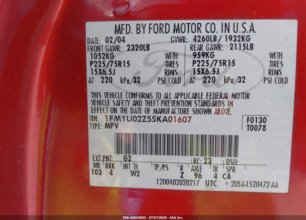 2005 FORD ESCAPE XLS VIN: 1FMYU02Z55KA01607
