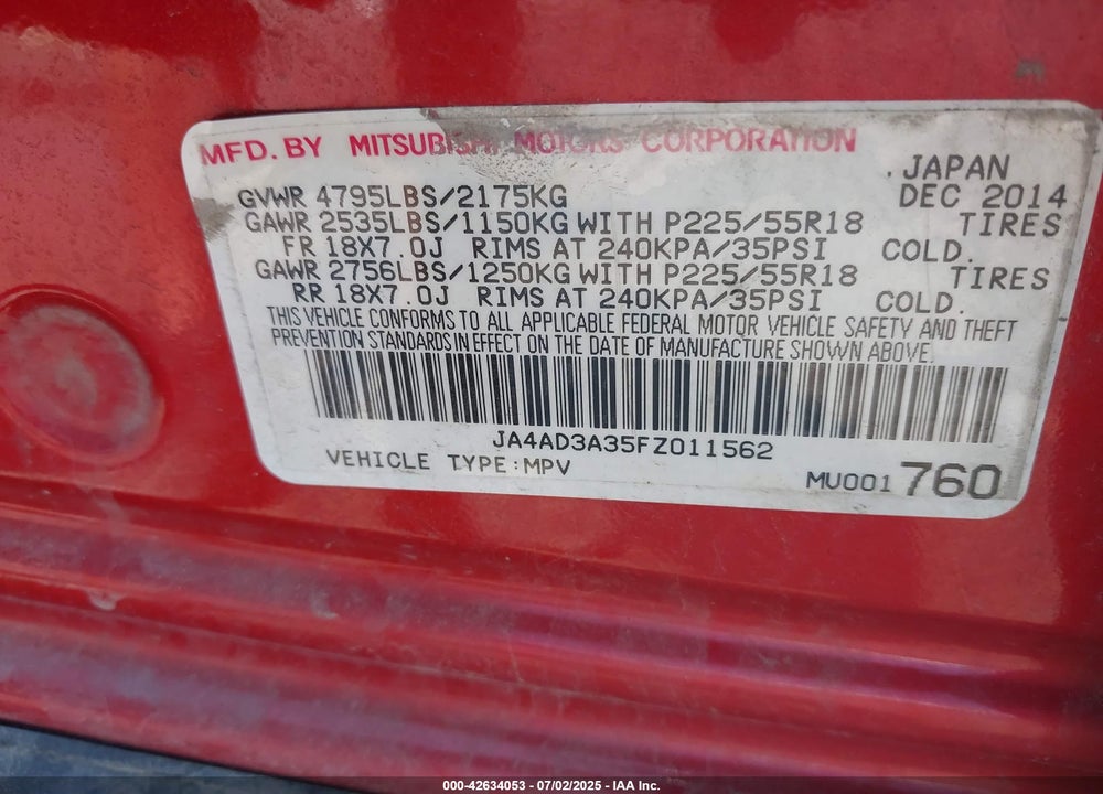 2015 MITSUBISHI OUTLANDER VIN: JA4AD3A35FZ011562