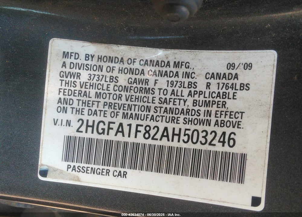 2010 HONDA CIVIC VIN: 2HGFA1F82AH503246
