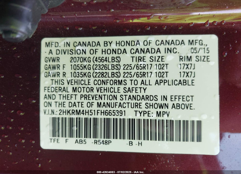 2015 HONDA CR-V VIN: 2HKRM4H51FH665391