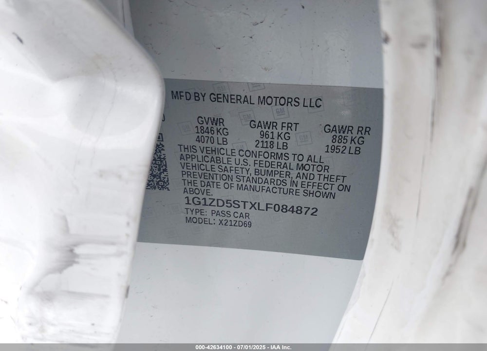 2020 CHEVROLET MALIBU FWD LT VIN: 1G1ZD5STXLF084872