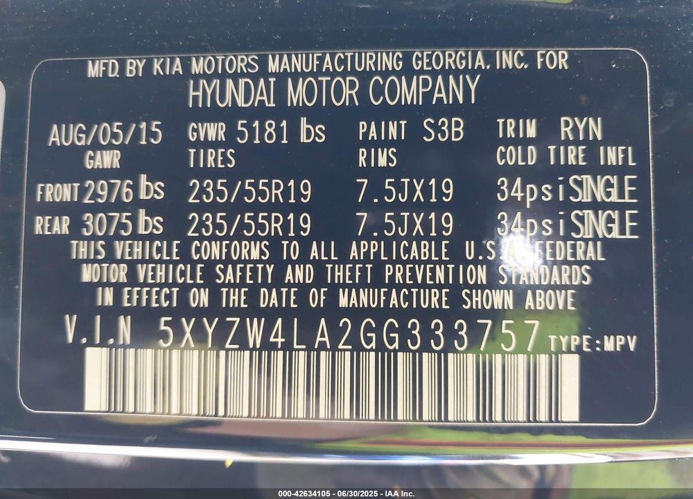 2016 HYUNDAI SANTA FE SPORT VIN: 5XYZW4LA2GG333757