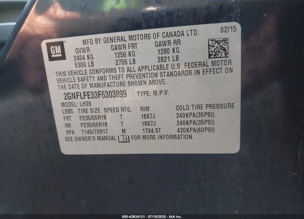 2015 CHEVROLET EQUINOX VIN: 2GNFLFE33F6303899