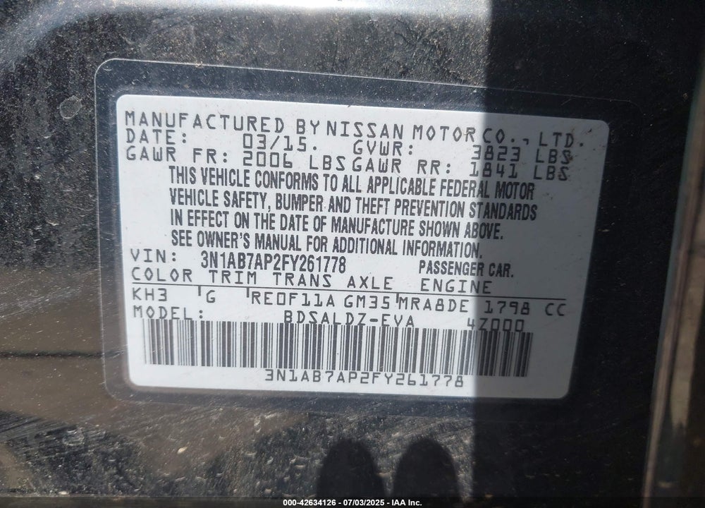 2015 NISSAN SENTRA VIN: 3N1AB7AP2FY261778