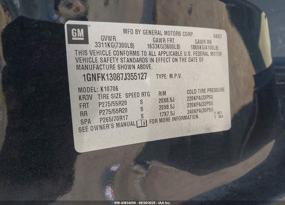2007 CHEVROLET TAHOE VIN: 1GNFK13087J355127