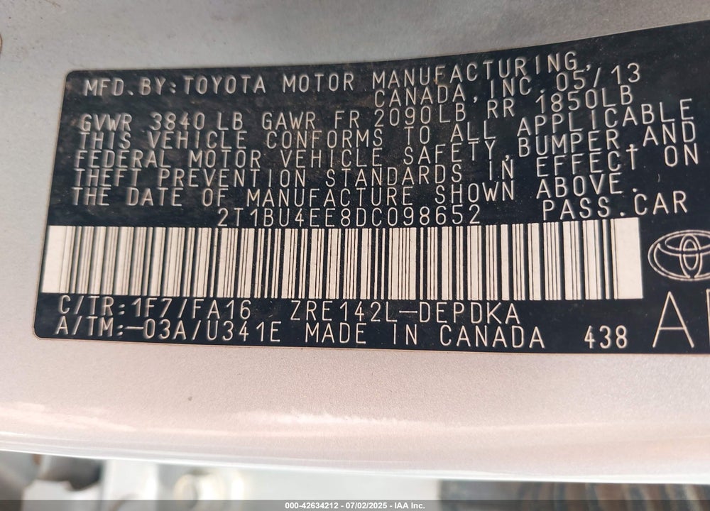 2013 TOYOTA COROLLA VIN: 2T1BU4EE8DC098652