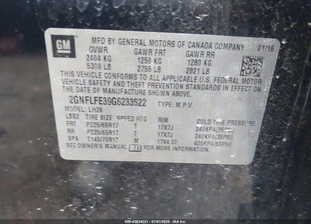 2016 CHEVROLET EQUINOX LT VIN: 2GNFLFE39G6233522