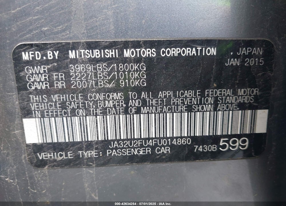 2015 MITSUBISHI LANCER VIN: JA32U2FU4FU014860