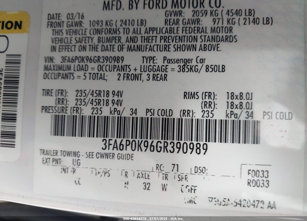 2016 FORD FUSION VIN: 3FA6P0K96GR390989