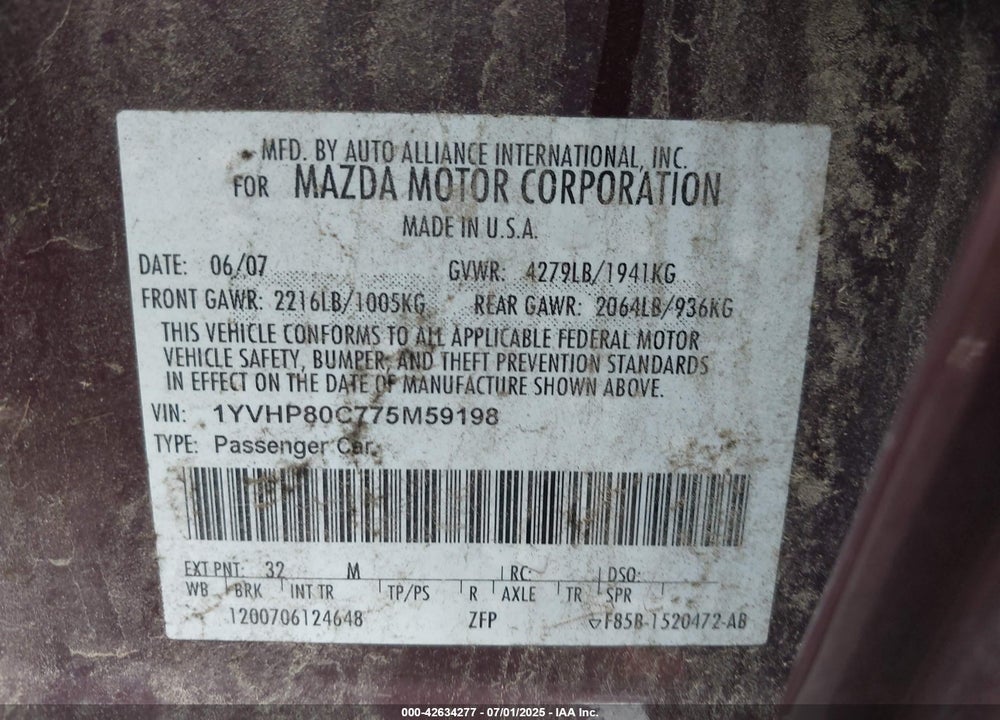 2007 MAZDA 6 VIN: 1YVHP80C775M59198