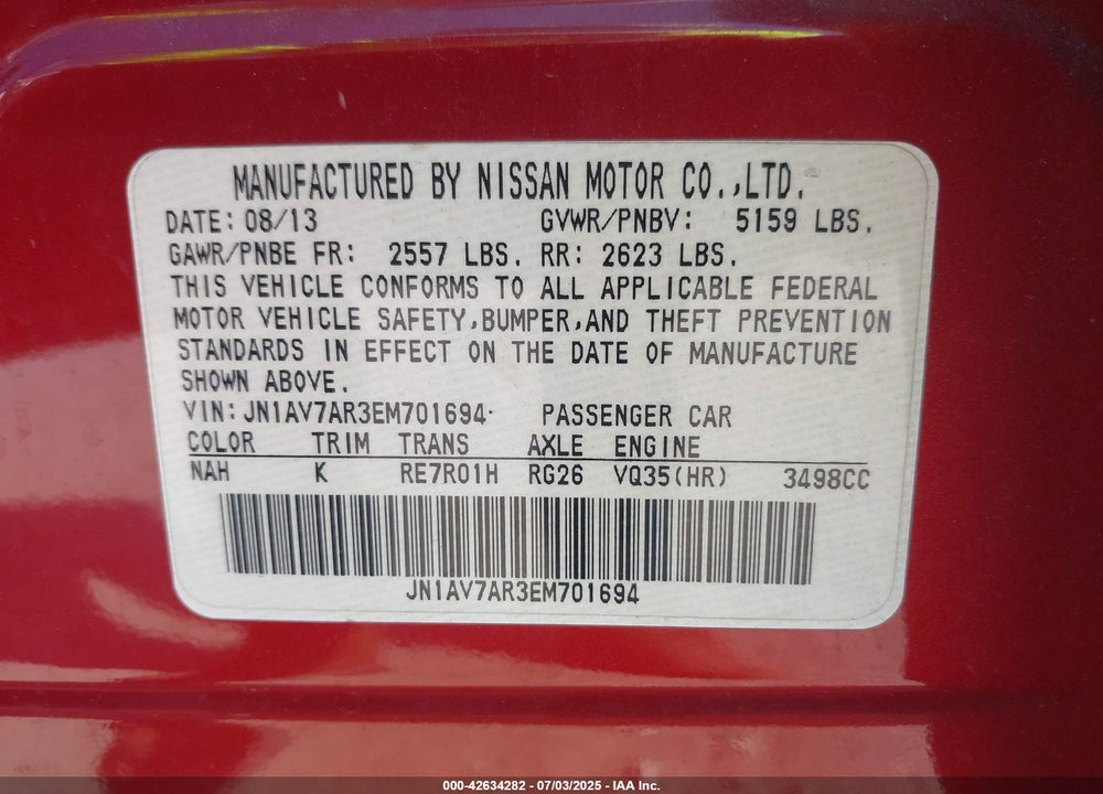 2014 INFINITI Q50 HYBRID SPORT VIN: JN1AV7AR3EM701694