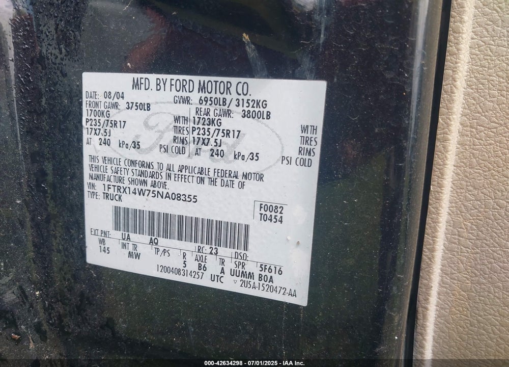 2005 FORD F-150 STX/XL/XLT VIN: 1FTRX14W75NA08355