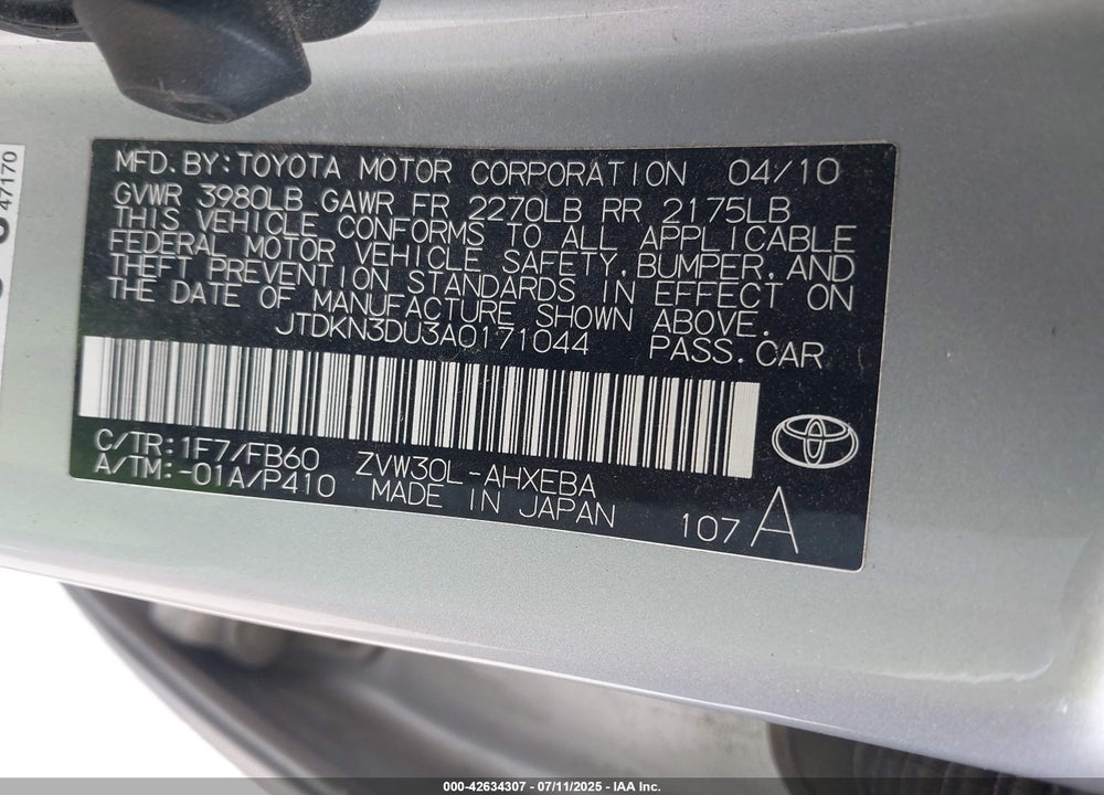2010 TOYOTA PRIUS VIN: JTDKN3DU3A0171044
