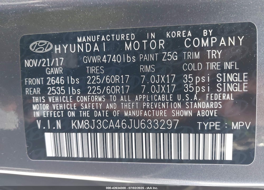 2018 HYUNDAI TUCSON VIN: KM8J3CA46JU633297
