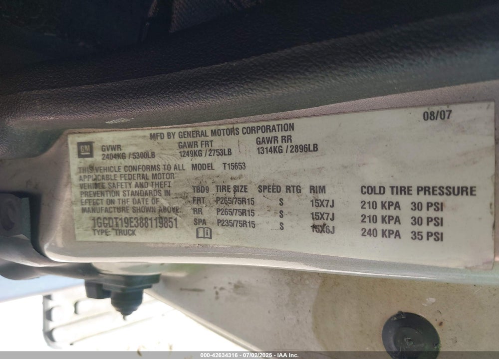 2008 CHEVROLET COLORADO VIN: 1GCDT19E388119851