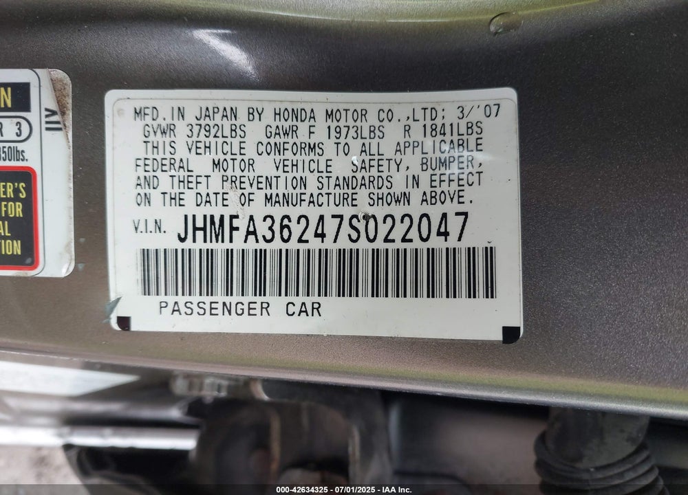 2007 HONDA CIVIC HYBRID VIN: JHMFA36247S022047