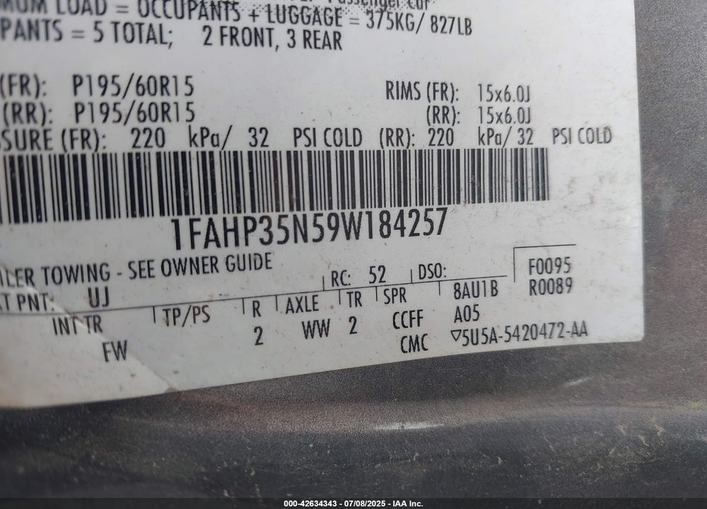 2009 FORD FOCUS VIN: 1FAHP35N59W184257