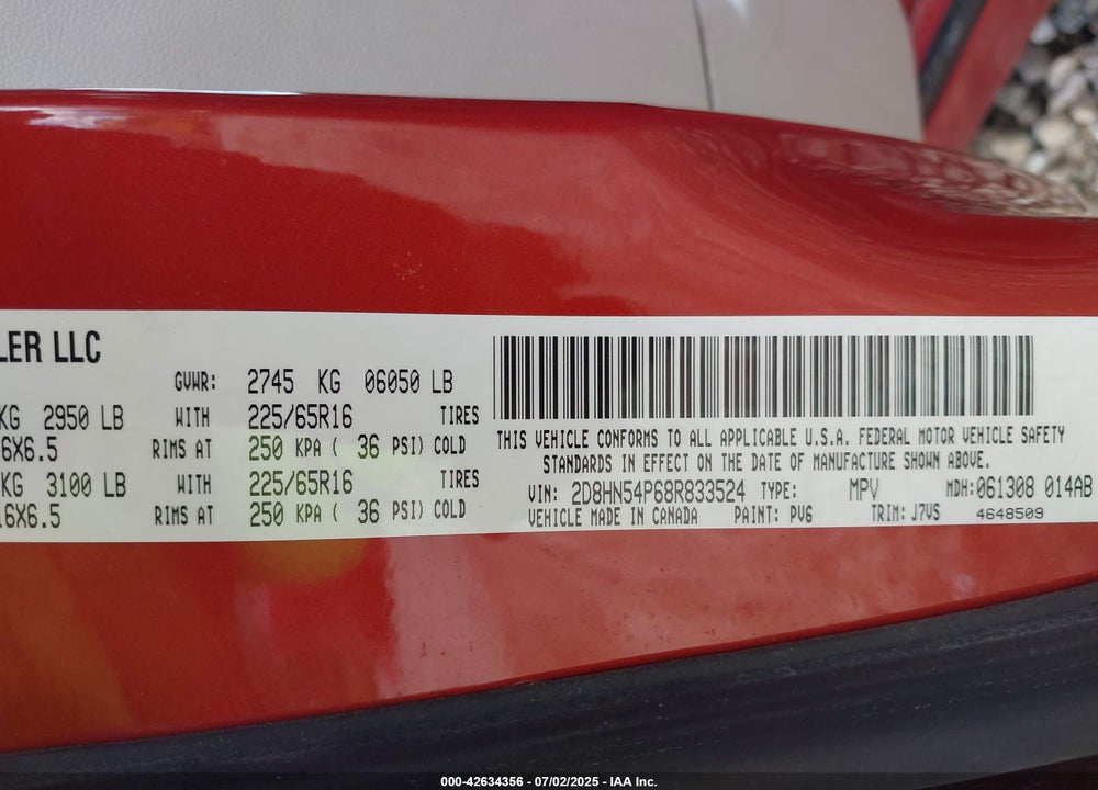 2008 DODGE GRAND CARAVAN VIN: 2D8HN54P68R833524