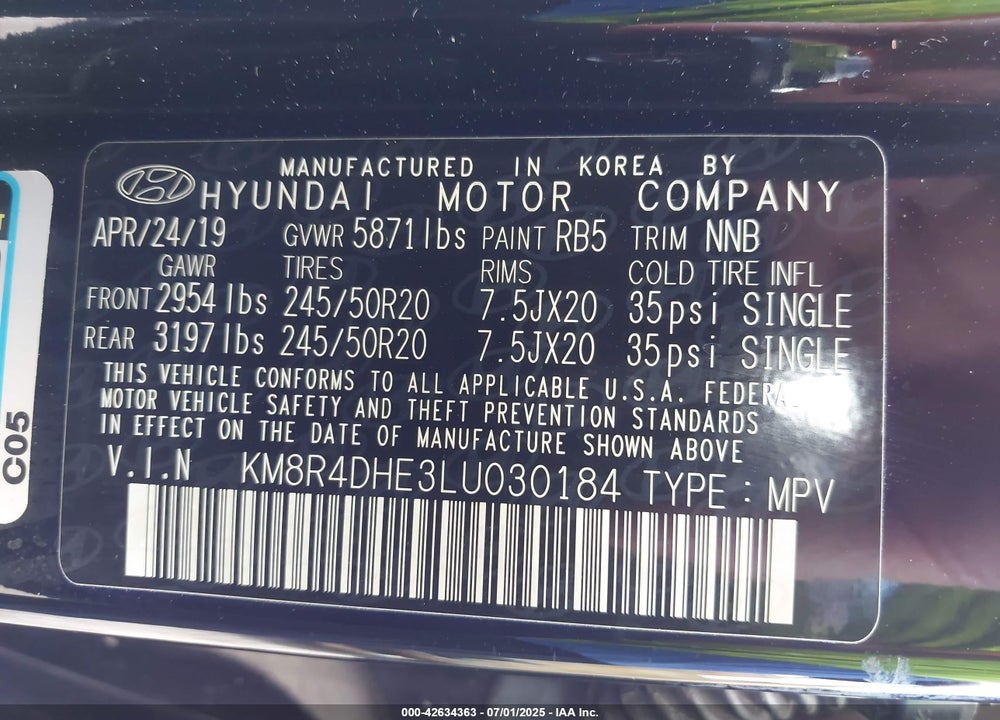 2020 HYUNDAI PALISADE VIN: KM8R4DHE3LU030184