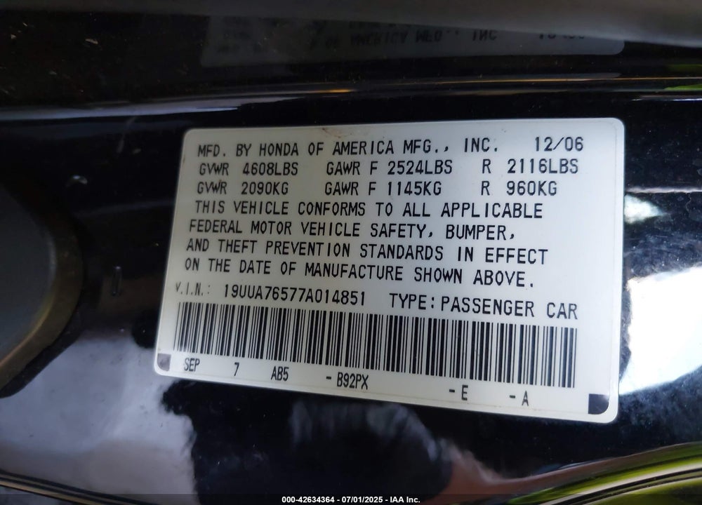 2007 ACURA TL TYPE S VIN: 19UUA76577A014851