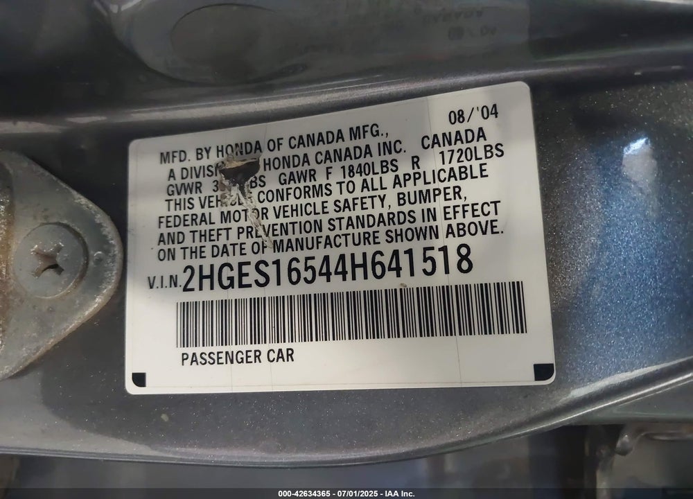 2004 HONDA CIVIC LX VIN: 2HGES16544H641518