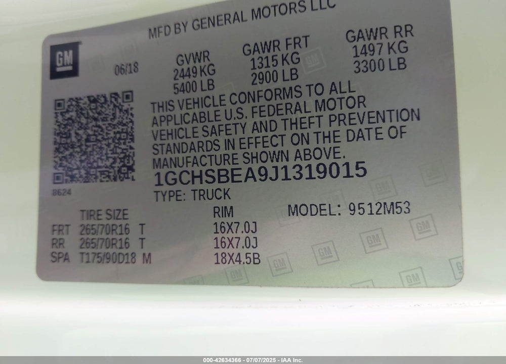 2018 CHEVROLET COLORADO VIN: 1GCHSBEA9J1319015