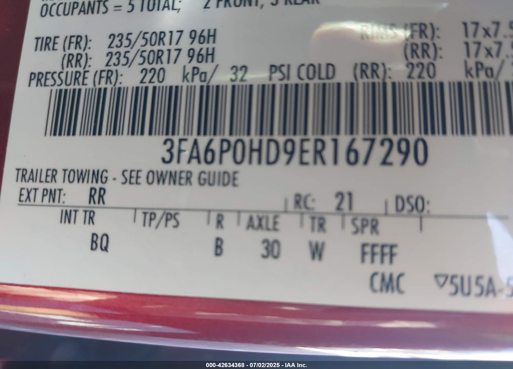 2014 FORD FUSION VIN: 3FA6P0HD9ER167290
