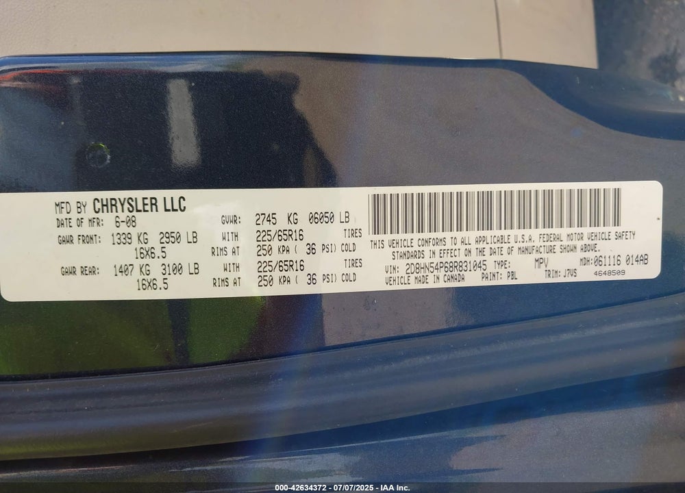 2008 DODGE GRAND CARAVAN SXT VIN: 2D8HN54P68R831045
