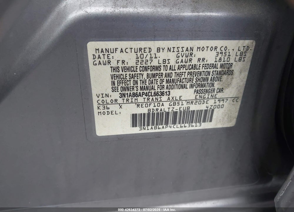 2012 NISSAN SENTRA 2.0 S VIN: 3N1AB6AP4CL663613