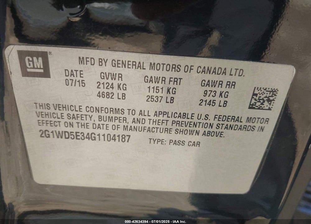 2016 CHEVROLET IMPALA LIMITED VIN: 2G1WD5E34G1104187
