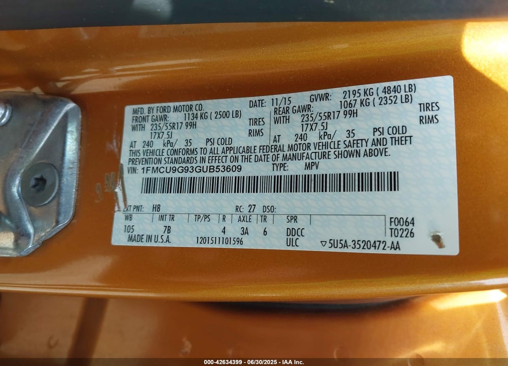 2016 FORD ESCAPE VIN: 1FMCU9G93GUB53609