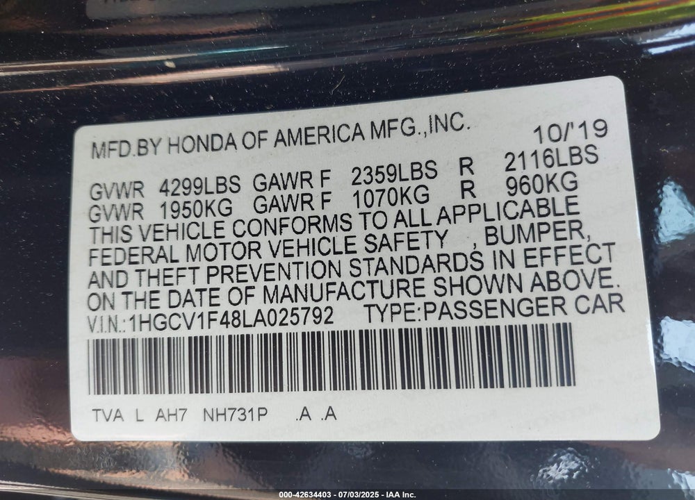 2020 HONDA ACCORD VIN: 1HGCV1F48LA025792