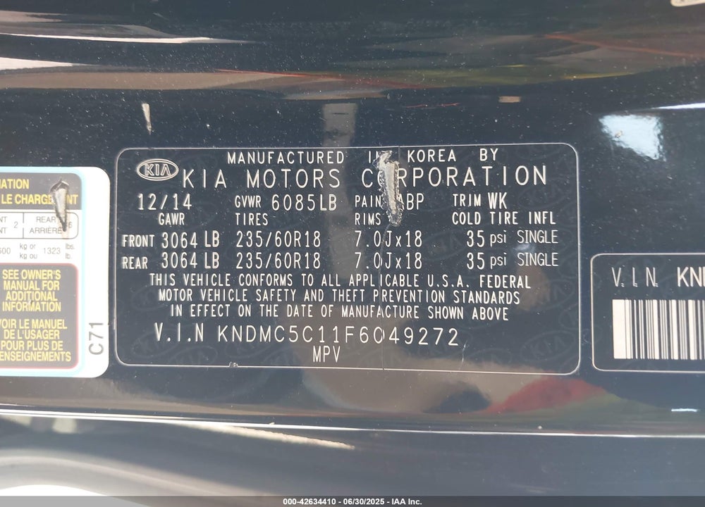 2015 KIA SEDONA EX VIN: KNDMC5C11F6049272