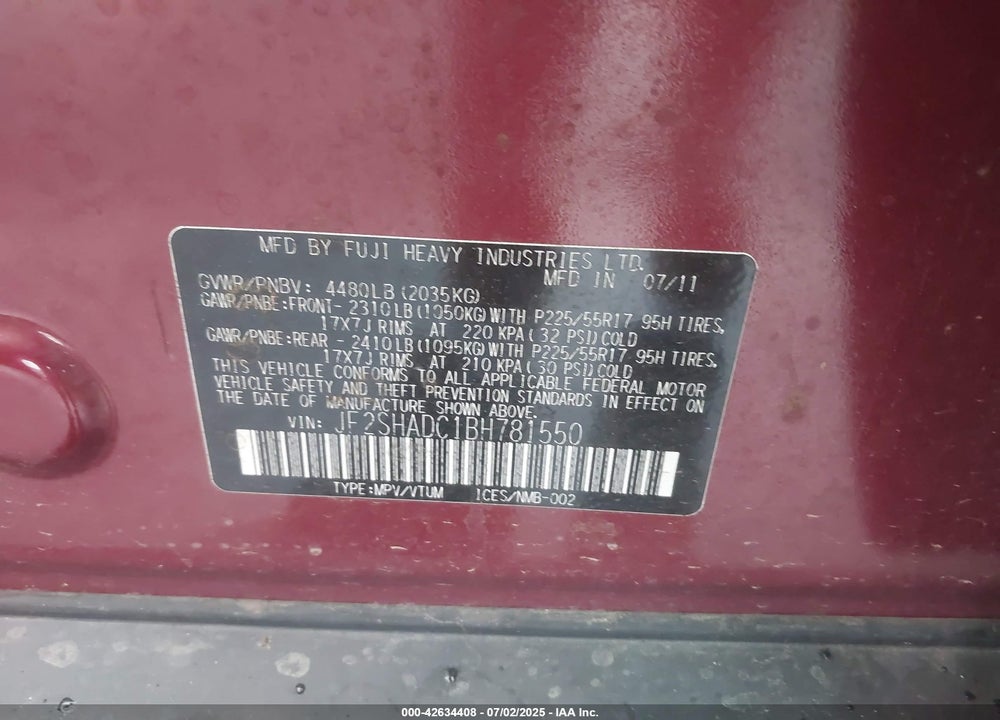 2011 SUBARU FORESTER VIN: JF2SHADC1BH781550