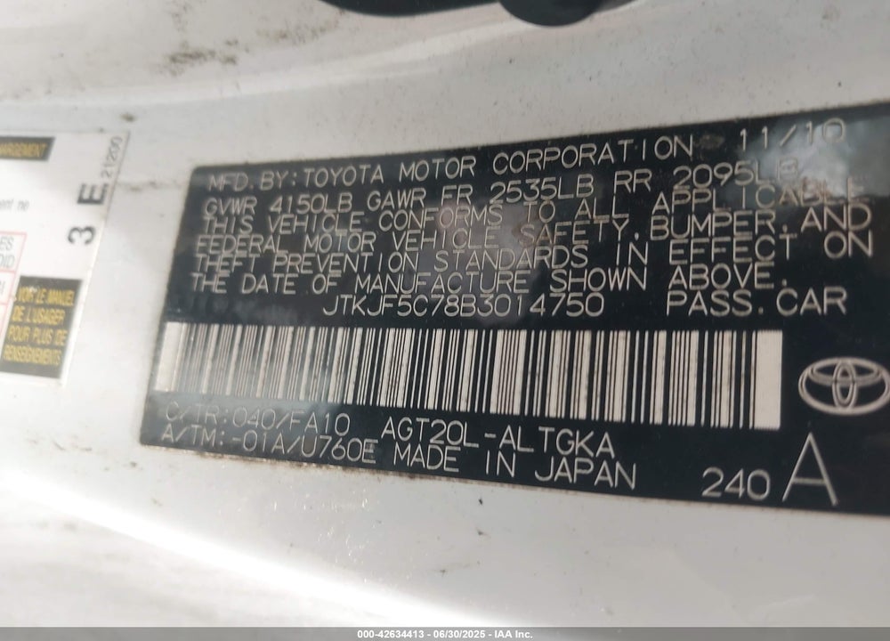 2011 SCION TC VIN: JTKJF5C78B3014750