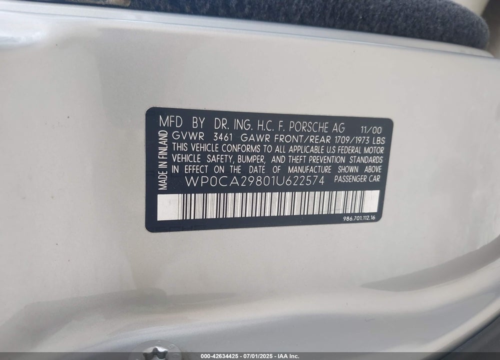 2001 PORSCHE BOXSTER VIN: WP0CA29801U622574