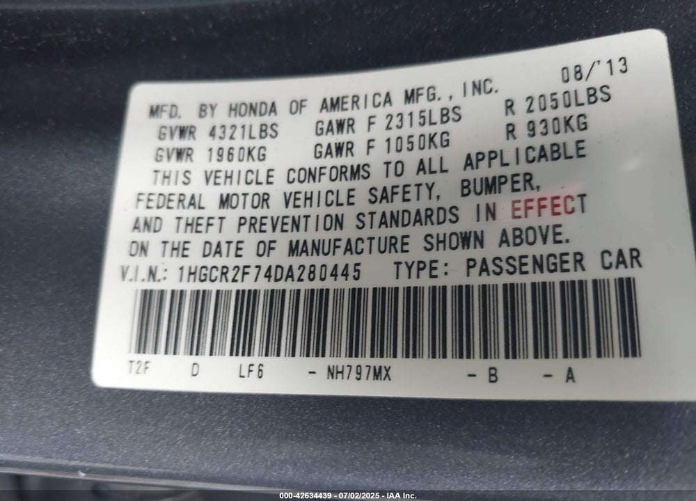 2013 HONDA ACCORD VIN: 1HGCR2F74DA280445