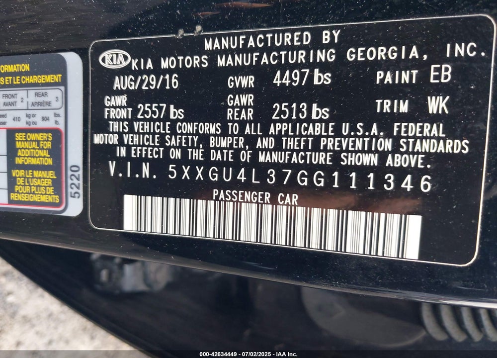 2016 KIA OPTIMA VIN: 5XXGU4L37GG111346
