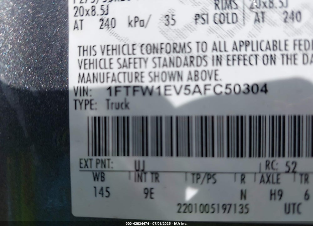 2010 FORD F-150 VIN: 1FTFW1EV5AFC50304